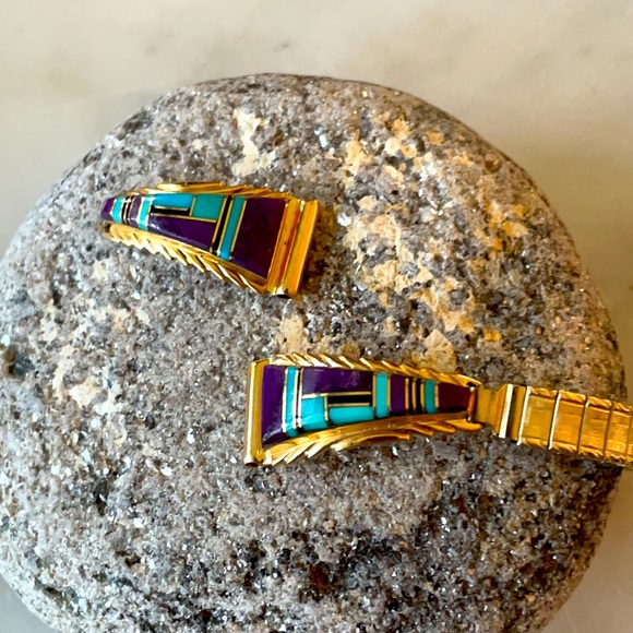 14K Gold Vintage Zuni Native American Watch Tips signed Walley - Picture 7 of 13